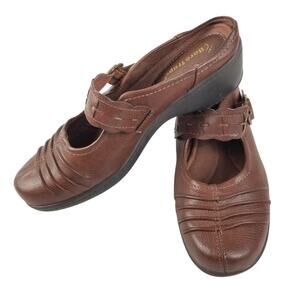 Bare Traps Brown Vegan Leather Mules Adjustable Buckle Shoes Size 9 1/2 M